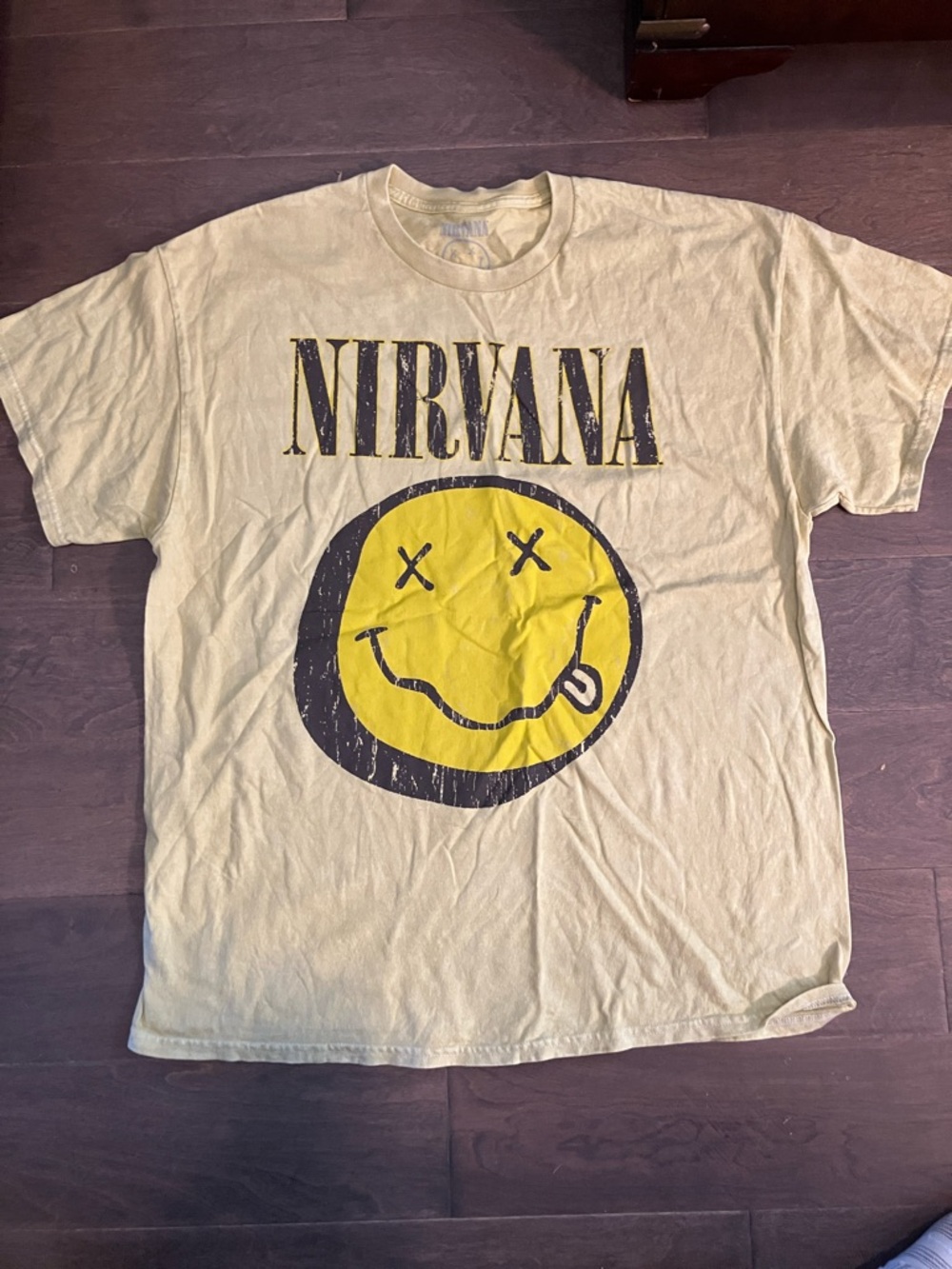 NIRVANA pale yellow Short-Sleeve cotton Tee with Yellow Smiley Logo XL